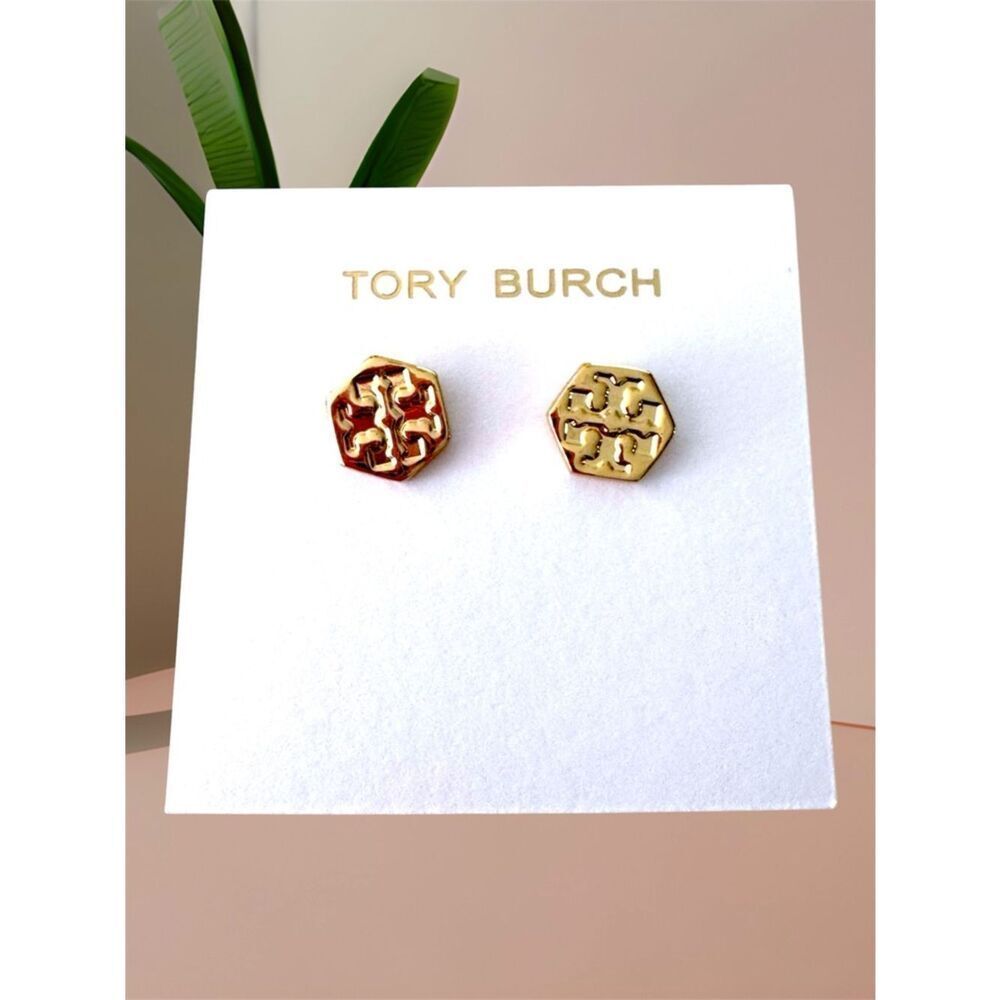 Tory Burch Gold Hexagon Logo Stud Earrings
